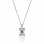 Diamond necklace with emerald-cut pendant on a white background