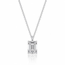 Diamond necklace with emerald-cut pendant on a white background